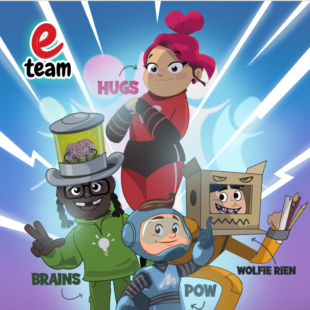 e-team met striphelden die ingezet kunnen worden voor kansengelijkheid op onze scholen.